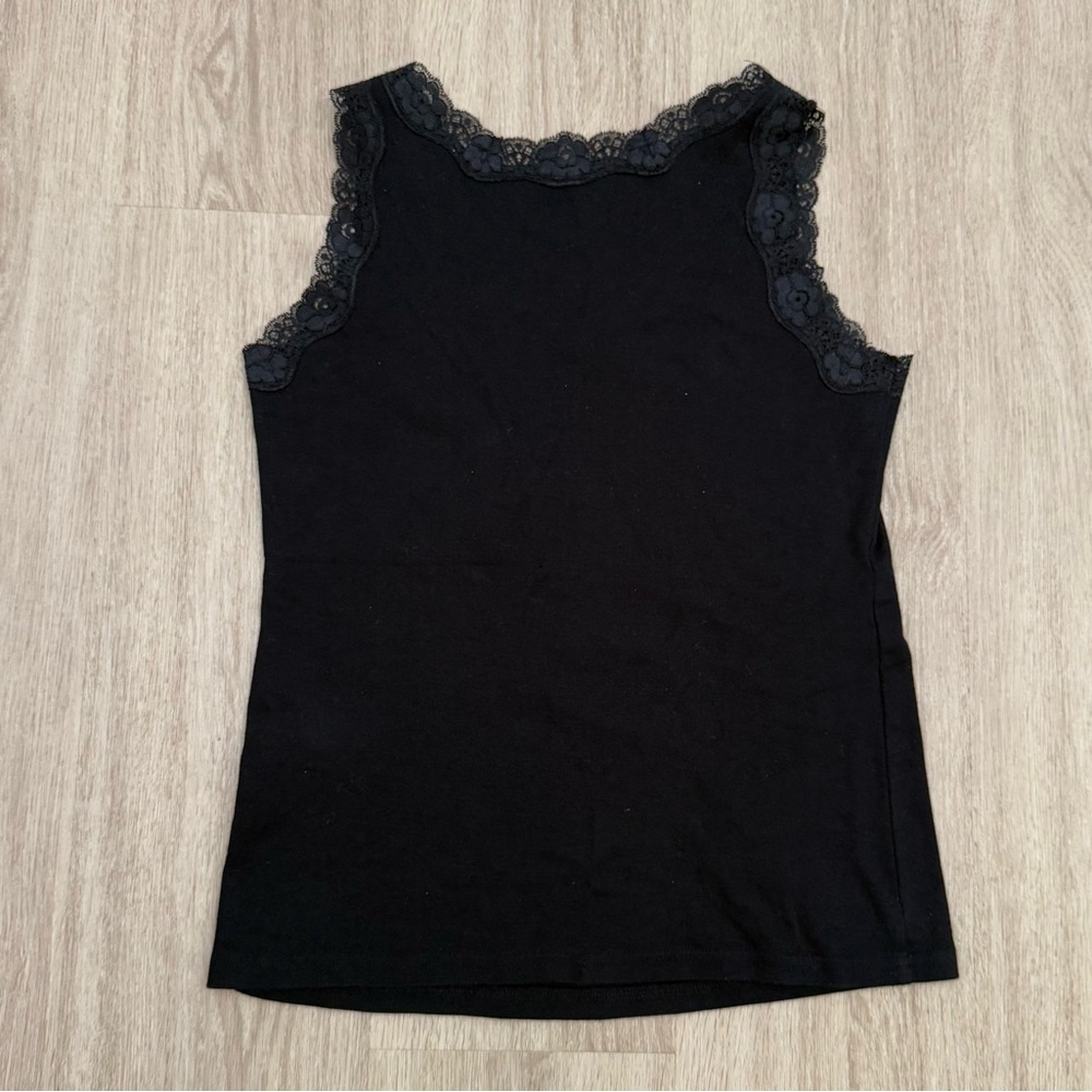 Gently Used Karen Scott Size Small Black Cotton Tank Top with Lace Trim - Picture 8 of 8